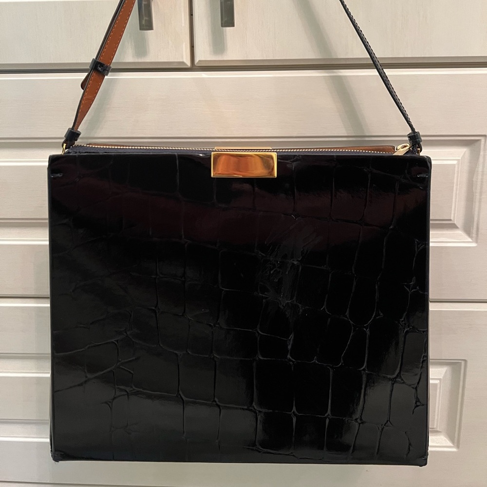 Stella McCartney Black Patent Croc-Embossed Shoulder Bag with Brown Strap - Picture 10 of 12
